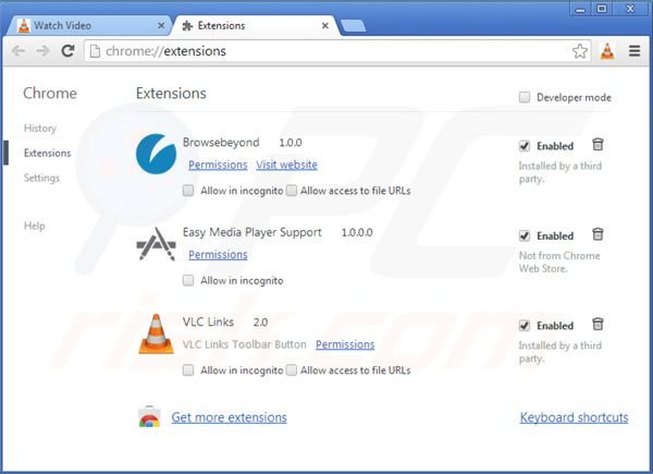 Rimuovere vlc app virus dalle estensioni di Google Chrome step 2