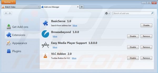 Rimuovere vlc app virus dalle estensioni di Mozilla Firefox step 2
