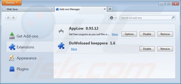 Rimuovere Web Save dalle estensioni di Mozilla Firefox step 2