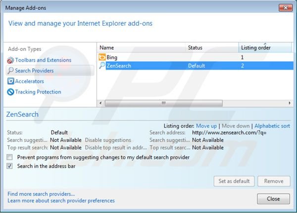 Rimuovere zensearch.com dal motore di ricerca di Internet Explorer 