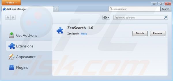 Rimuovere zensearch.com dalle estensioni di Mozilla Firefox 