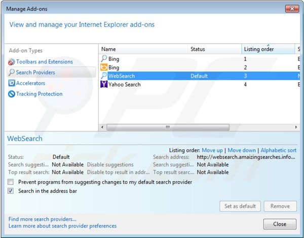 Rimuovere websearch.amaizingsearches.info dal motore di ricerca di Internet Explorer 