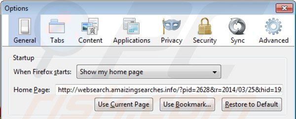 Rimuovere websearch.amaizingsearches.info dalla Mozilla Firefox homepage