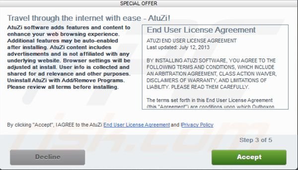 Un installer da download.com che offre l'installazione di AtuZi add-on 