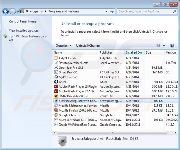 browsersafeguard rimozione dal pannello di controllo