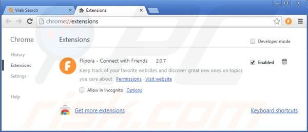 Rimuovere flipora dalle estensioni di Google Chrome