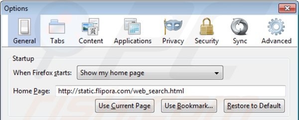 Rimuovere static.flipora.com dalla Mozilla Firefox homepage