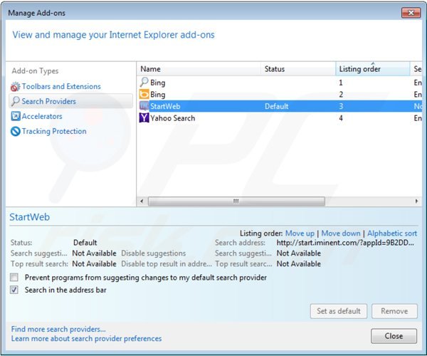 Rimuovere start.iminent.com dal motore di ricerca predefinito di Internet Explorer 