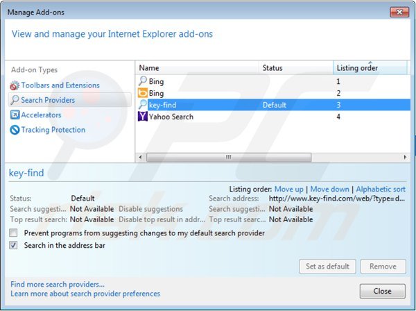 Rimuovere key-find.com dal motore di ricerca di Internet Explorer 