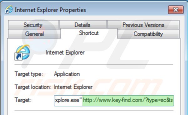 Rimuovere key-find.com dal collegamento rapido a Internet Explorer step 2
