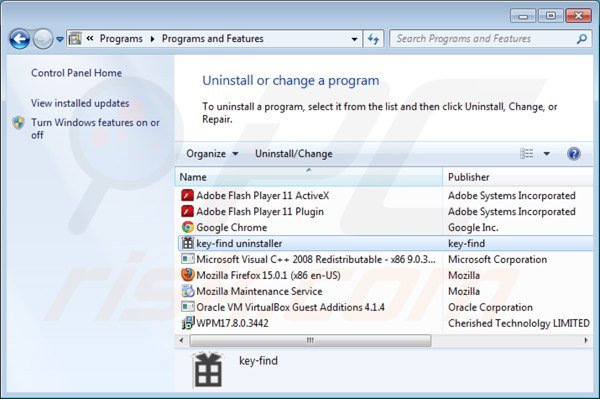 key-find.com rimozione dal pannello di controllo