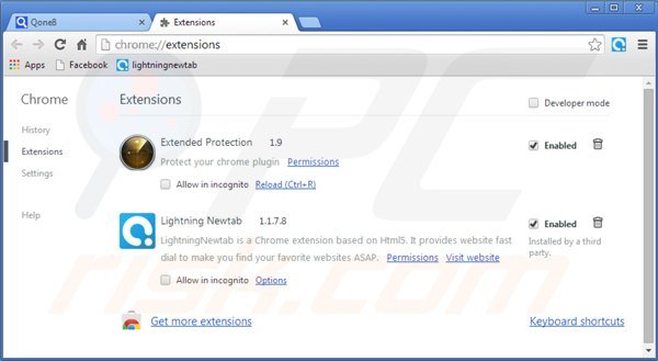 Rimuovere qone8.com dalle estensioni di Google Chrome 