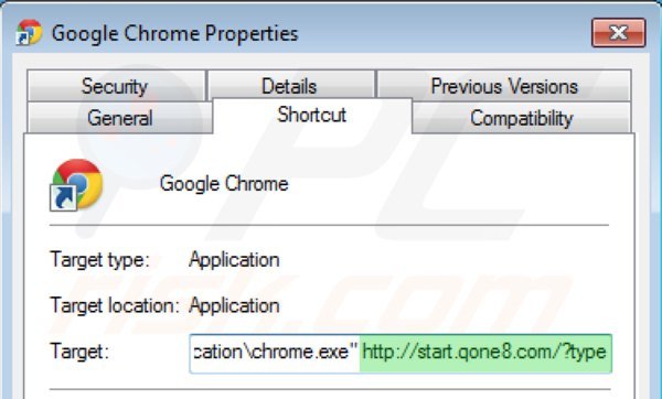 Rimuovere start.qone8.com dal collegamento rapido a Google Chrome step 2