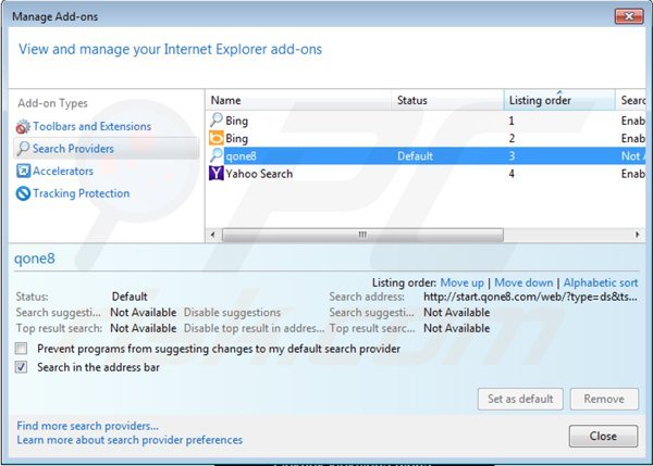 Rimuovere start.qone8.com dal motore diu ricerca di Internet Explorer