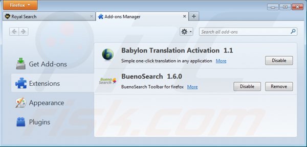 Rimuovere royal search toolbar dalle estensioni di Mozilla Firefox