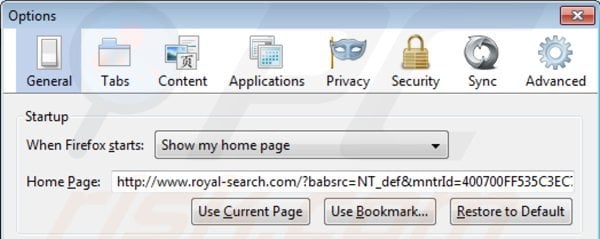 Rimuovere royal-search.com dalla Mozilla Firefox homepage