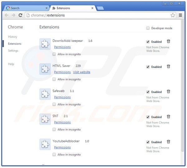 Rimuovere websearch.searchissimple.com dalle estensioni di Google Chrome