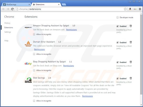 Rimuovere Slick Savings ads da Google Chrome step 2