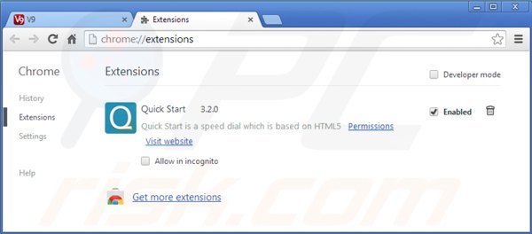 Rimuovere v9.com dalle estensioni di Google Chrome 