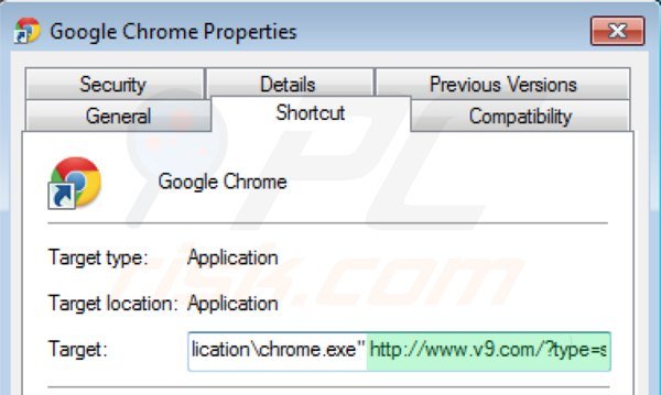 Rimuovere v9.com dal collegamento rapido a Google Chrome step 2