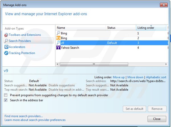 Rimuovere v9.com dal motore di ricerca predefinito di Internet Explorer 