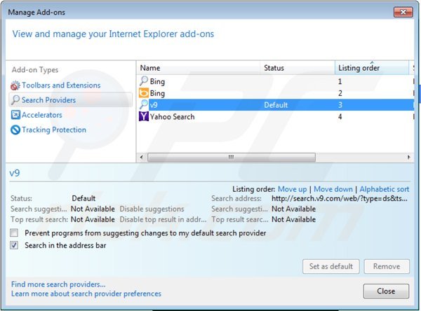 Rimuovere v9.com dal motore di ricerca predefinito di Internet Explorer 