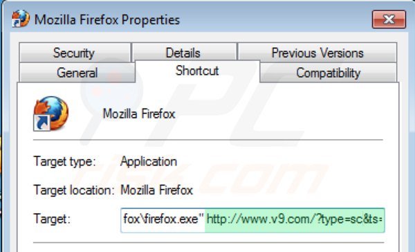 Rimuovere v9.com dal collegamento rapido a Mozilla Firefox step 2