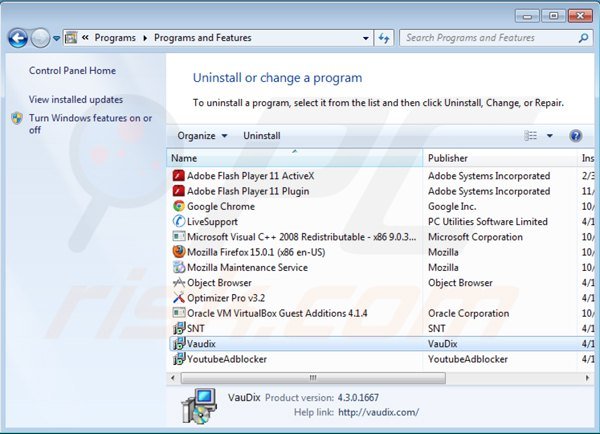 vaudix adware rimozione dal pannello di controllo