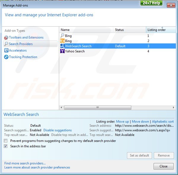 Rimuovere websearch.com dal motore di ricerca di Internet Explorer