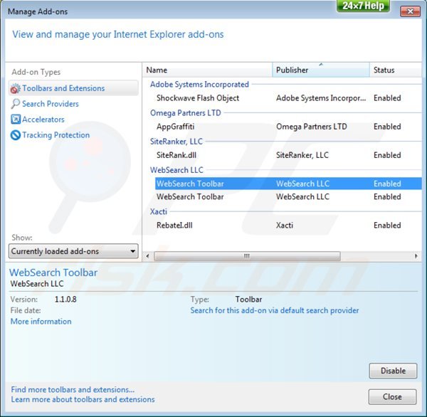 Rimuovere websearch toolbar dallee stensioni di Internet Explorer 