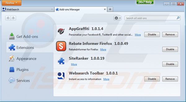 Rimuovere websearch toolbar dalle estensioni di Mozilla Firefox