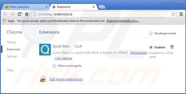 Rimuovere istart.webssearches.com dalle estensioni di Google Chrome 