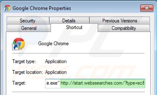 Rimuovere istart.webssearches.com dal collegamento rapido a Google Chrome step 2