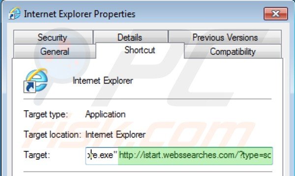 Rimuovere istart.webssearches.com dal collegamento rapido a Internet Explorer step 2