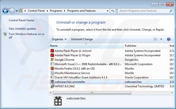 webssearches rimozione dal pannello di controllo