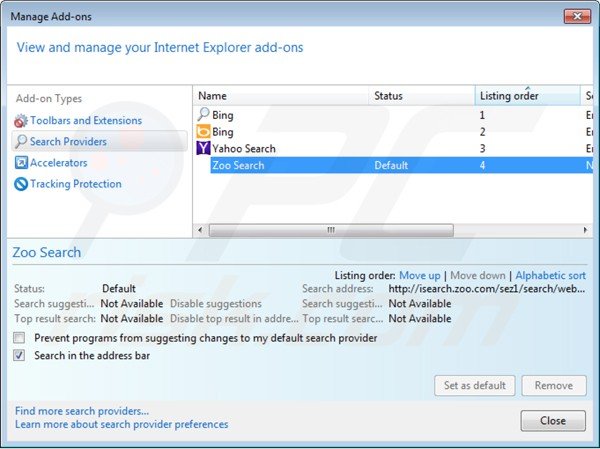 Rimuovere isearch.zoo.com dal motore di ricerca di Internet Explorer 