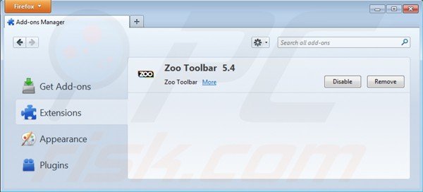 Removing zoo toolbar from Mozilla Firefox extensions