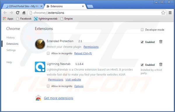 Rimuovere 22find.com dalle estensioni di Google Chrome