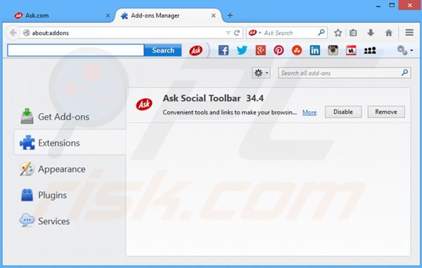 Rimuovere Ask Social Toolbar da Mozilla Firefox
