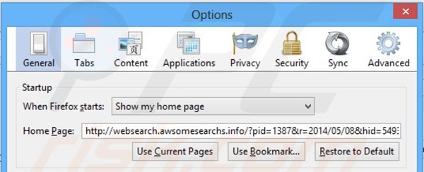 Rimuovere websearch.awsomesearchs.info dalla Mozilla Firefox homepage