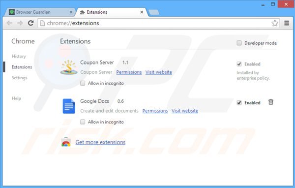 Rimuovere Browser Guardian ads da Google Chrome step 2