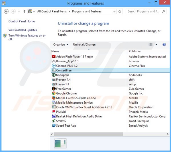 contextfree adware rimozione dal pannello di controllo