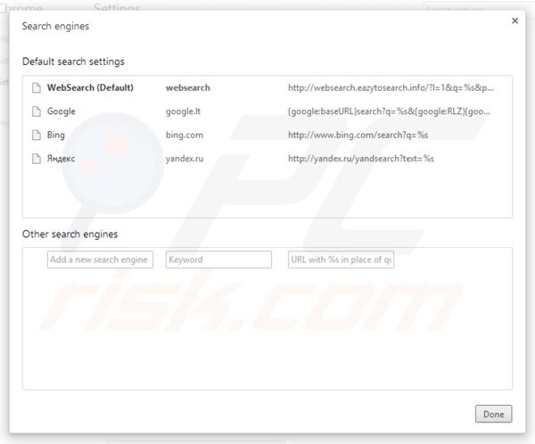 Rimuovere websearch.eazytosearch.info dal motore di ricerca di Google Chrome 