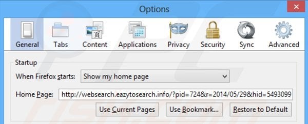 Rimuovere websearch.eazytosearch.info dalla Mozilla Firefox homepage