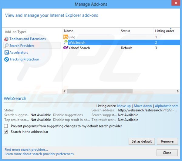 Cambiare il motore di ricerca predefinito websearch.fastosearch.info da Internet Explorer 