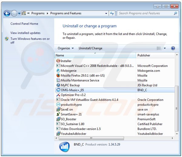 omg music adware rimozione dal pannello di controllo