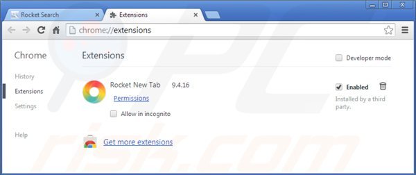 Rimuovere le estensioni di rocket-find.com da Google Chrome