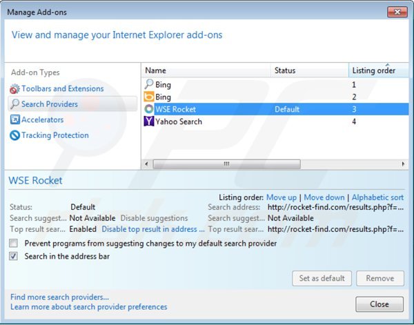 Rimuovere rocket-find.com dal motore di ricerca di Internet Explorer 
