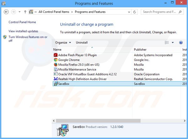 savebox adware rimozione dal pannello di controllo