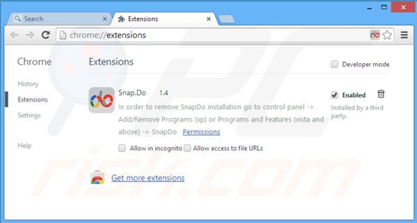 Rimuovere snapdo.com dalle estensioni di Google Chrome 